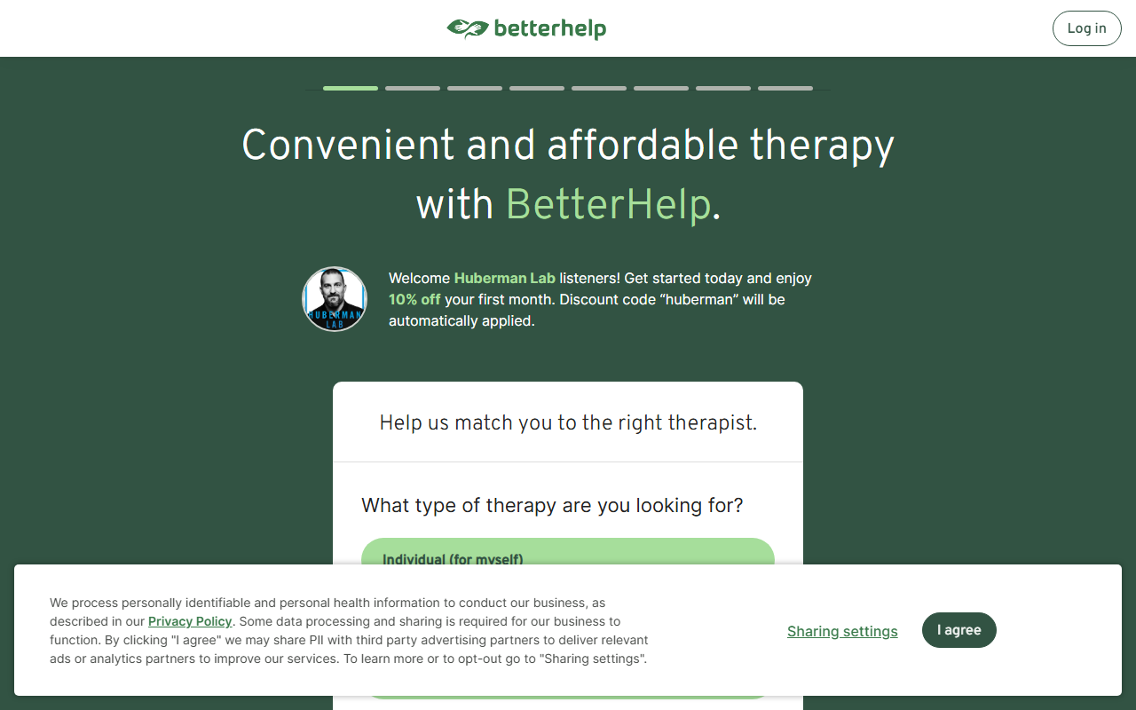 BetterHelp sponsor landing page advertised on Huberman Lab