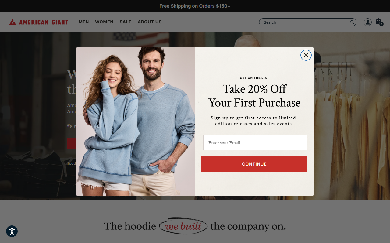 American Giant sponsor landing page advertised on Adam Carolla Show
