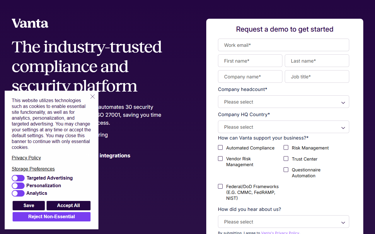 Vanta sponsor landing page advertised on We Study Billionaires - The Investor’s Podcast Network