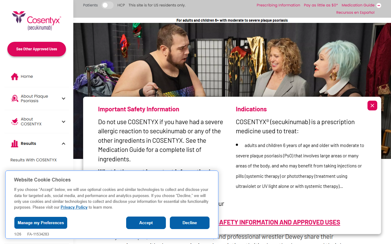 Cosentyx sponsor landing page advertised on Hidden Brain