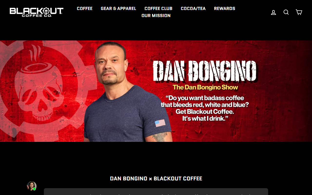 Blackout Coffee sponsor landing page advertised on The Dan Bongino Show