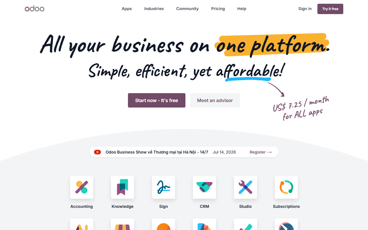 Odoo sponsor landing page advertised on Breaking Points with Krystal and Saagar