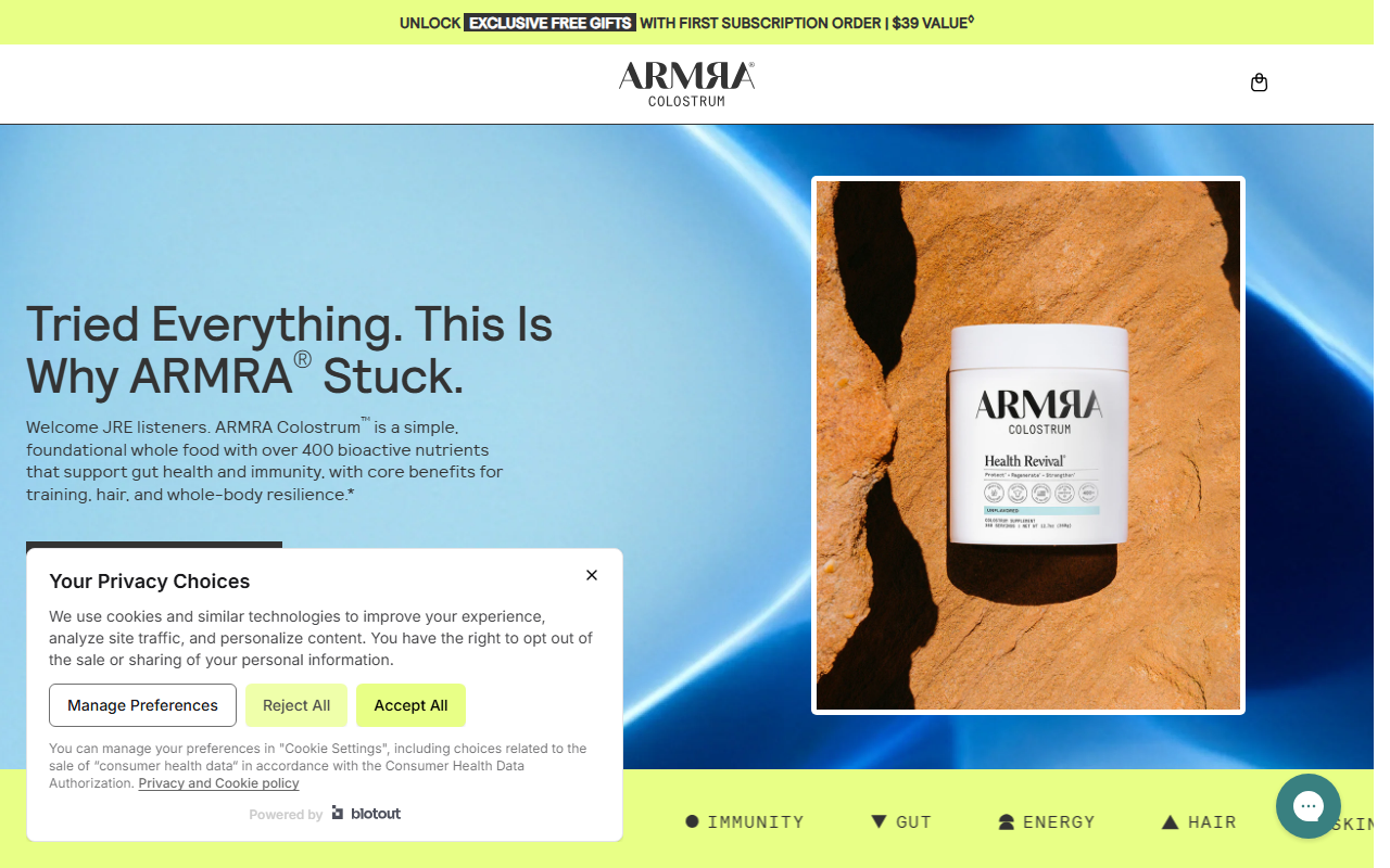 Armra sponsor landing page advertised on The Joe Rogan Experience