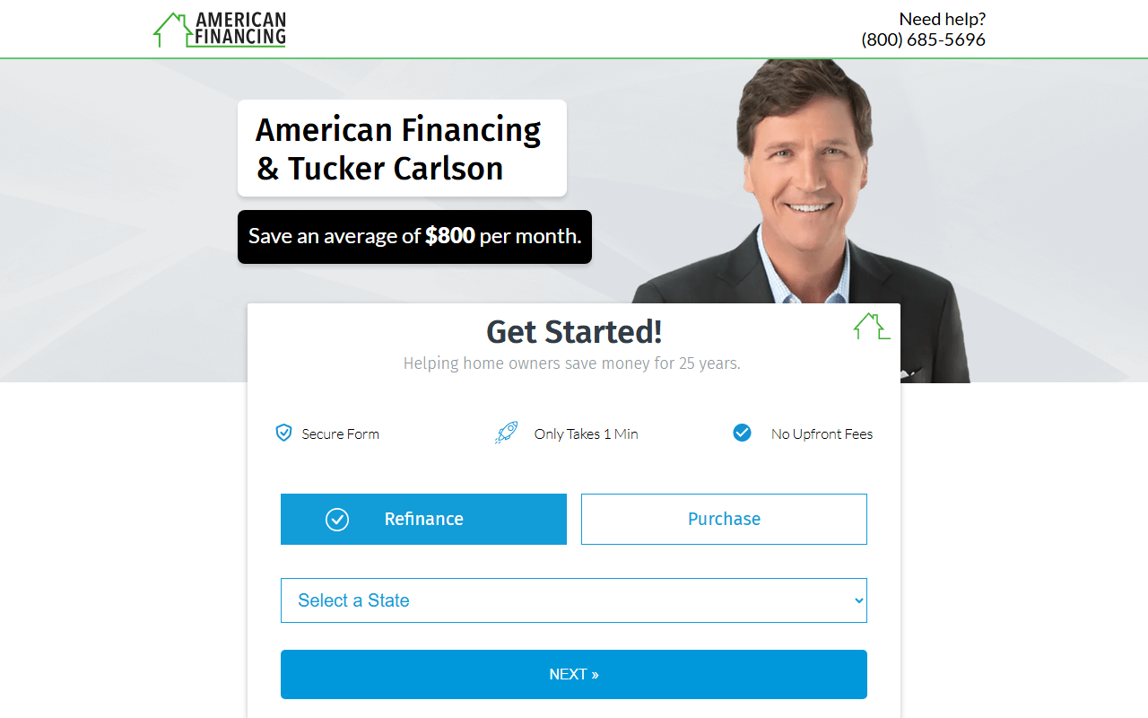 American Financing sponsor landing page advertised on The Tucker Carlson Podcast