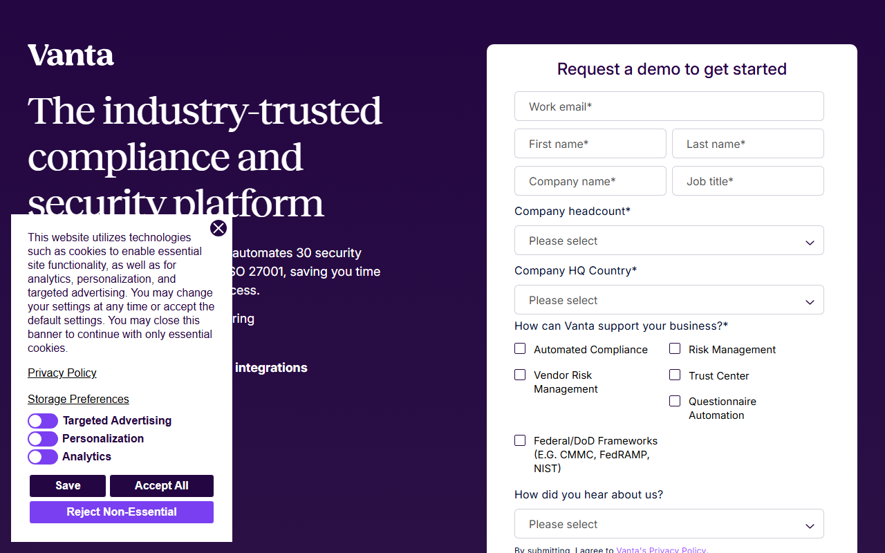 Vanta sponsor landing page advertised on We Study Billionaires - The Investor’s Podcast Network