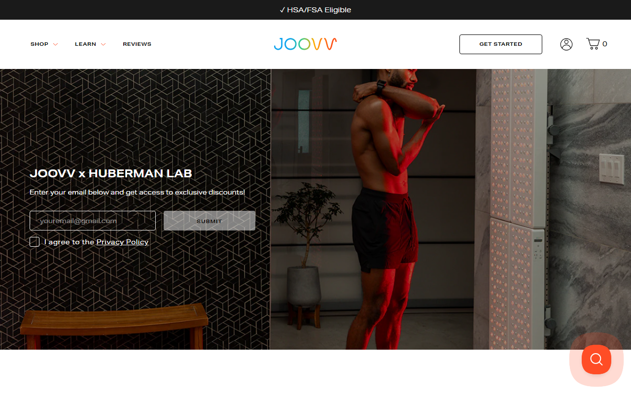 Joovv sponsor landing page advertised on Huberman Lab