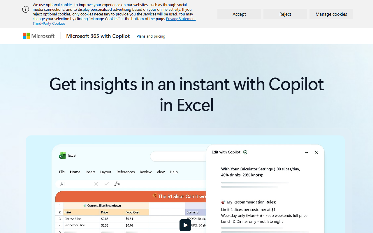 Copilot in Microsoft Excel sponsor landing page advertised on Power User with Taylor Lorenz