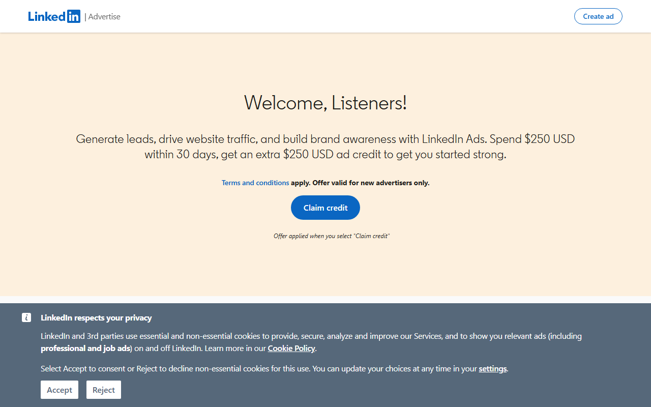 LinkedIn sponsor landing page advertised on Conan O’Brien Needs A Friend