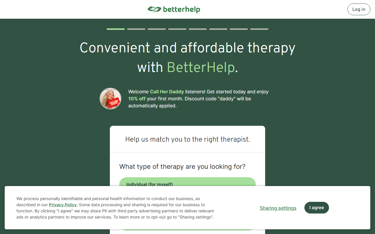 Better Help sponsor landing page advertised on Call Her Daddy