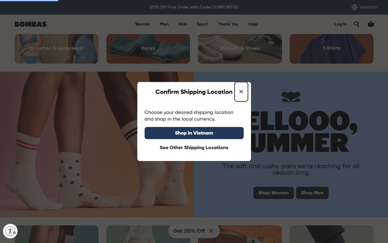 Bombas sponsor landing page advertised on Stuff You Should Know
