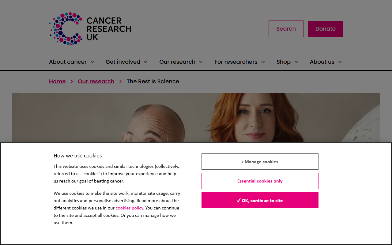 Cancer Research UK sponsor landing page advertised on The Rest Is Science