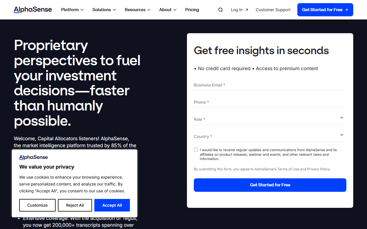 AlphaSense sponsor landing page advertised on Capital Allocators – Inside the Institutional Investment Industry