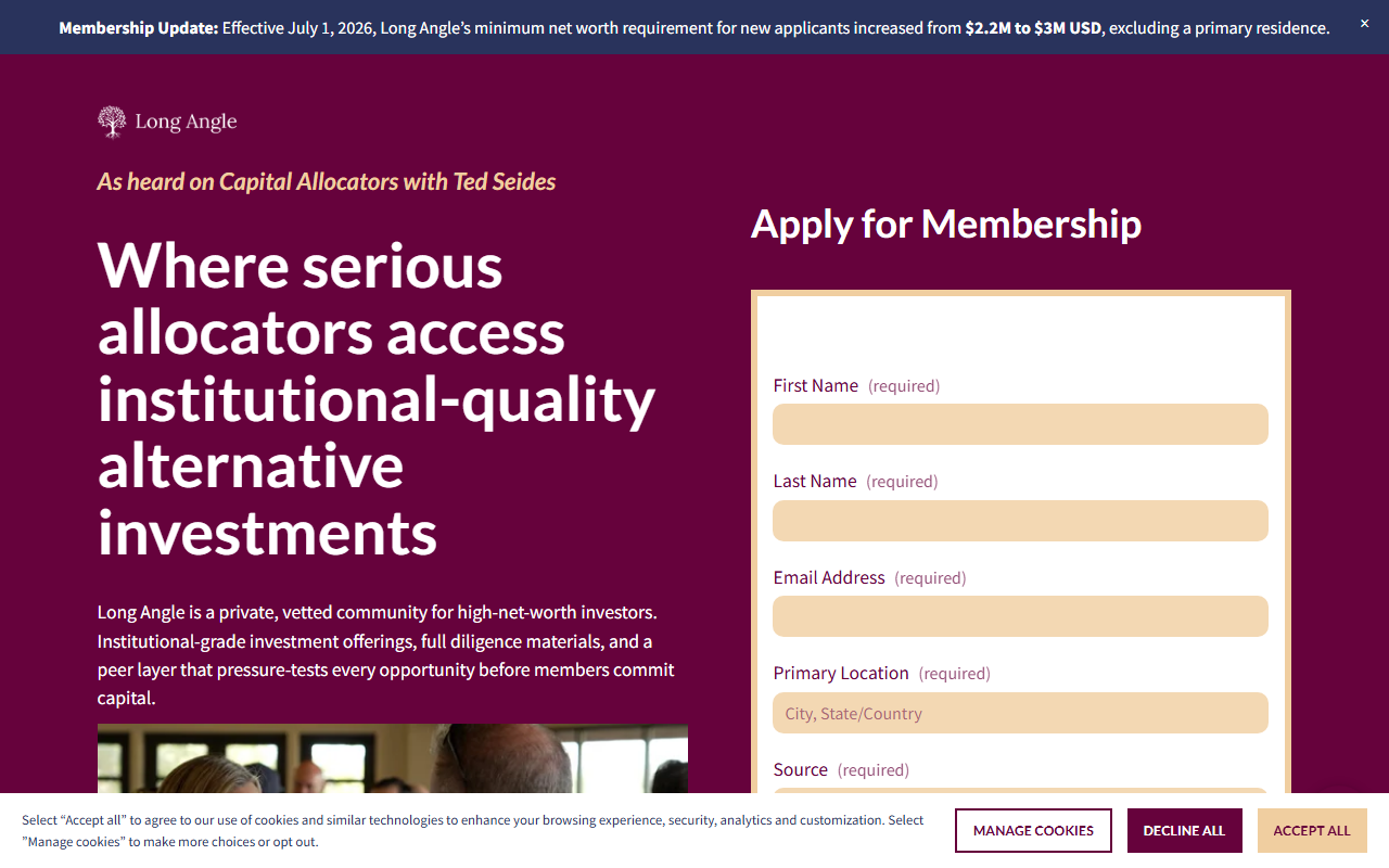 Long Angle sponsor landing page advertised on Capital Allocators – Inside the Institutional Investment Industry
