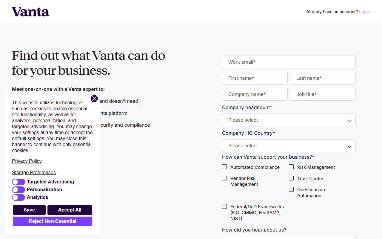 Vanta sponsor landing page advertised on Deep Questions with Cal Newport