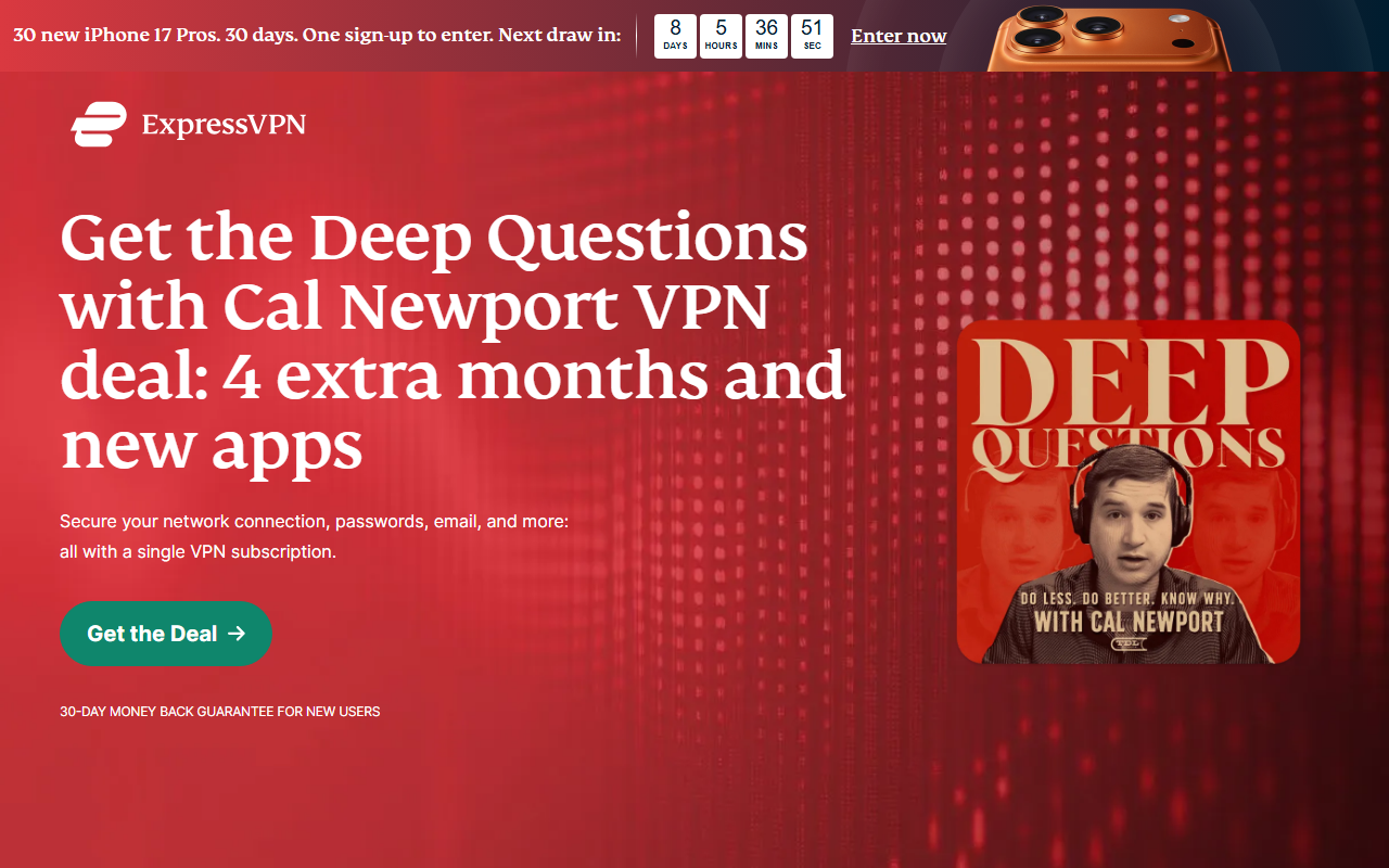 ExpressVPN sponsor landing page advertised on Deep Questions with Cal Newport