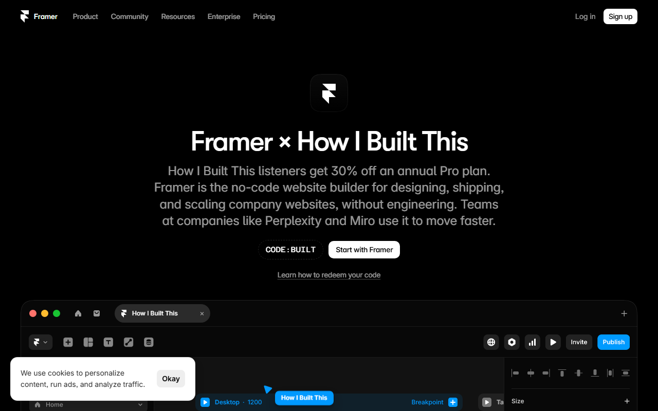 Framer sponsor landing page advertised on How I Built This with Guy Raz