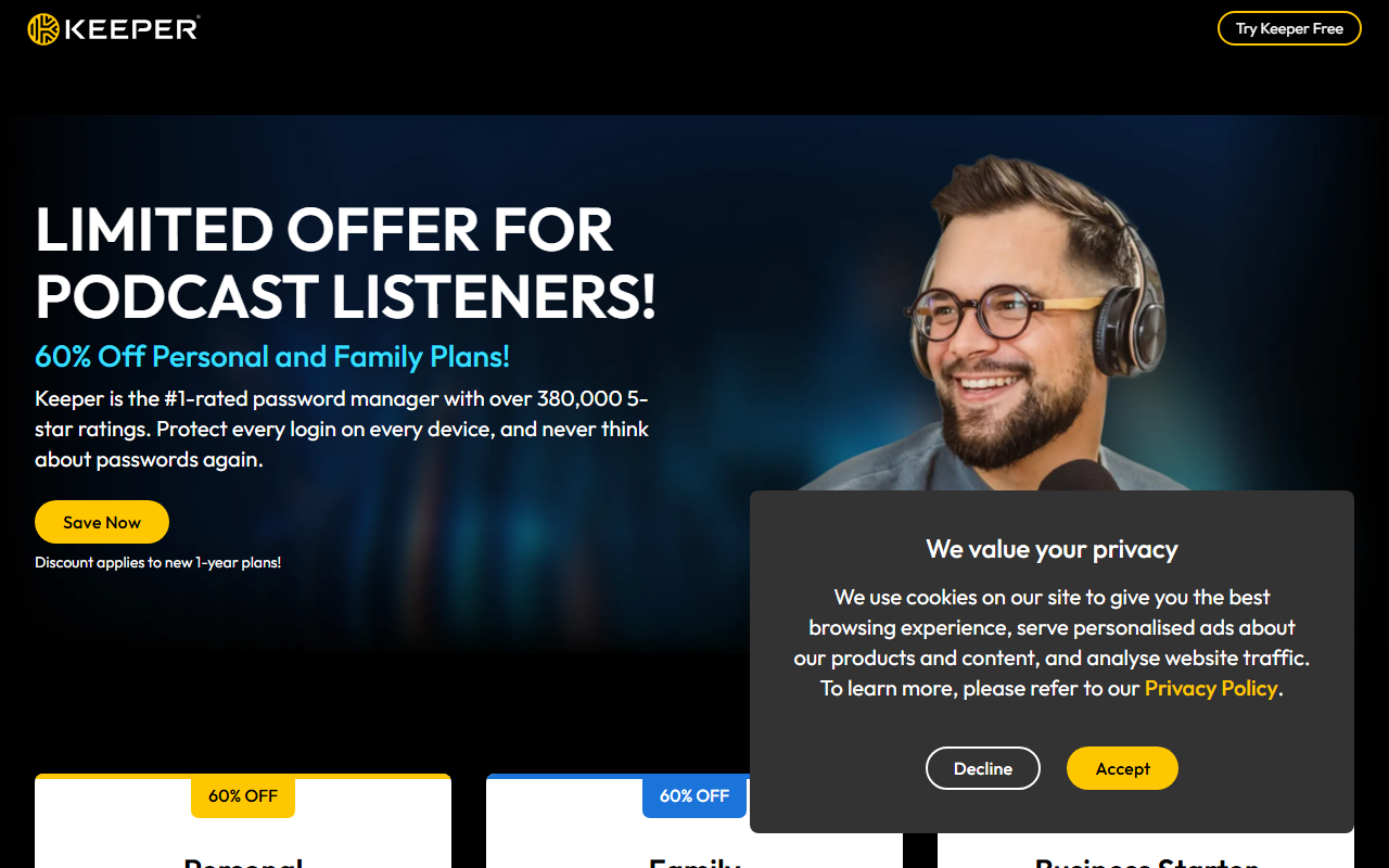 Keeper Security sponsor landing page advertised on The Vergecast