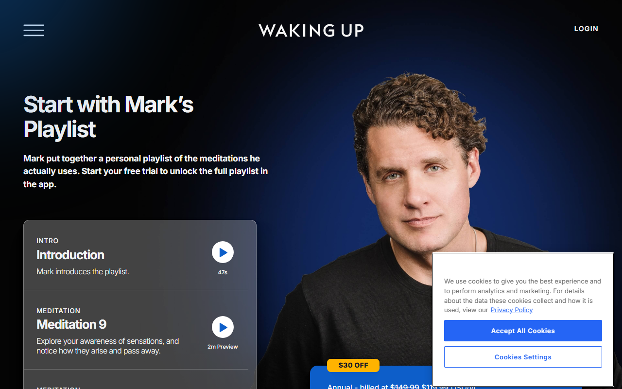 Waking Up sponsor landing page advertised on The Subtle Art of Not Giving a F*ck Podcast