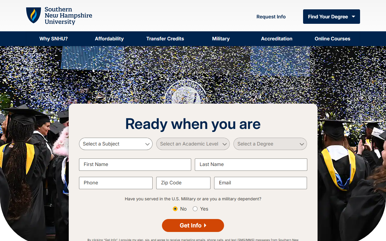 Southern New Hampshire University sponsor landing page advertised on Dateline NBC