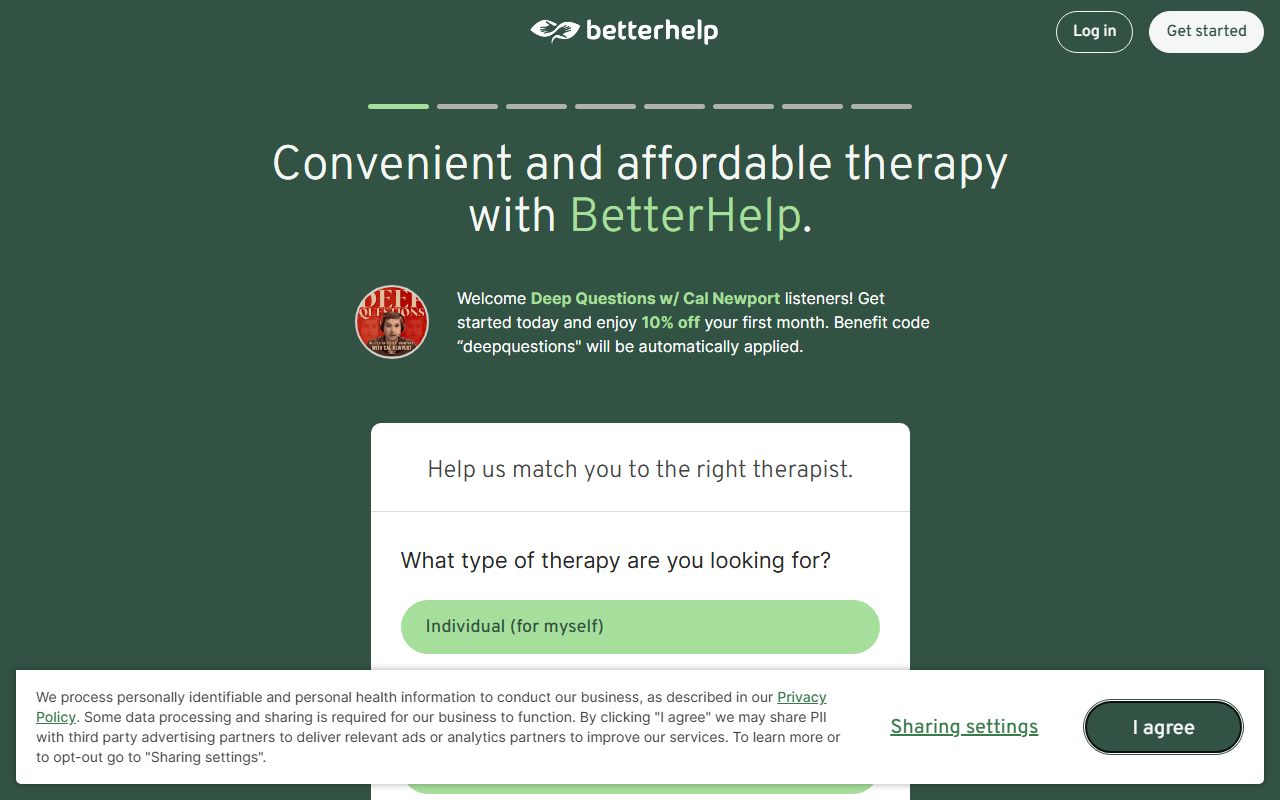 BetterHelp sponsor landing page advertised on Deep Questions with Cal Newport