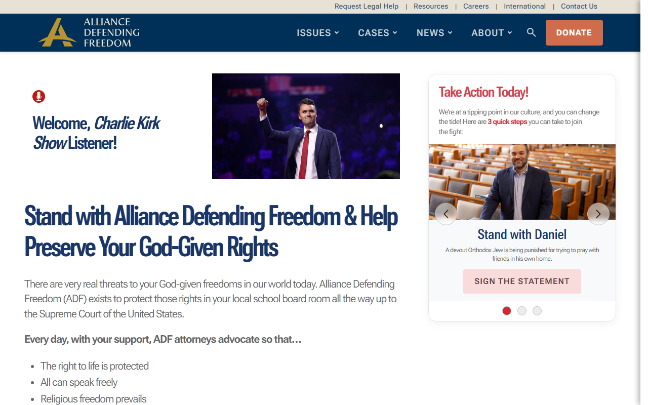Alliance Defending Freedom (ADF) sponsor landing page advertised on The Charlie Kirk Show