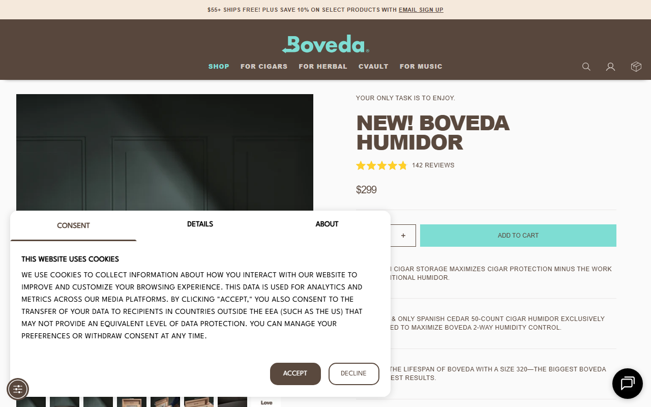 Boveda Humidor sponsor landing page advertised on Garage Logic