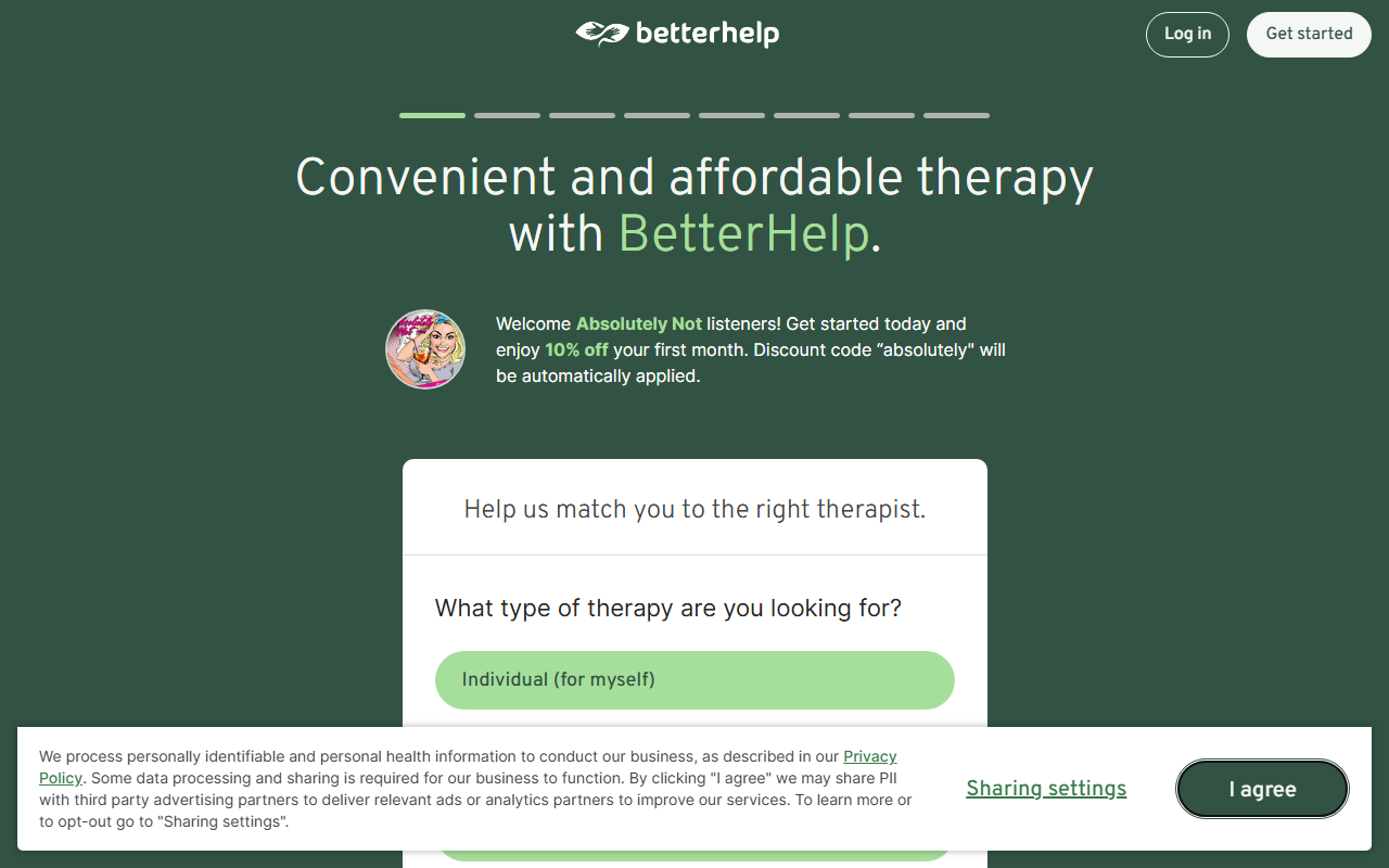 BetterHelp sponsor landing page advertised on Absolutely Not