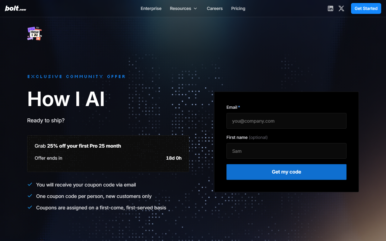 bolt.new sponsor landing page advertised on How I AI