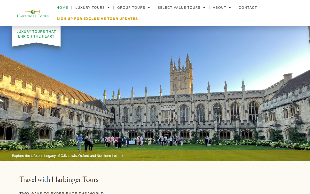 Harbinger Tours sponsor landing page advertised on The World and Everything In It