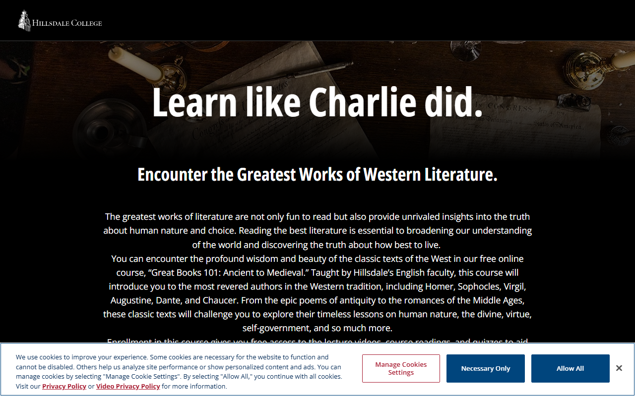 Hillsdale College sponsor landing page advertised on The Charlie Kirk Show