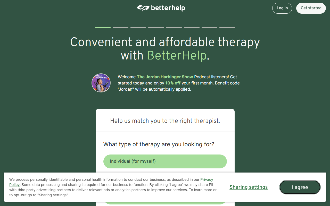 BetterHelp sponsor landing page advertised on The Jordan Harbinger Show