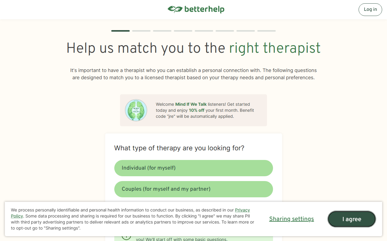 BetterHelp sponsor landing page advertised on Mind If We Talk?