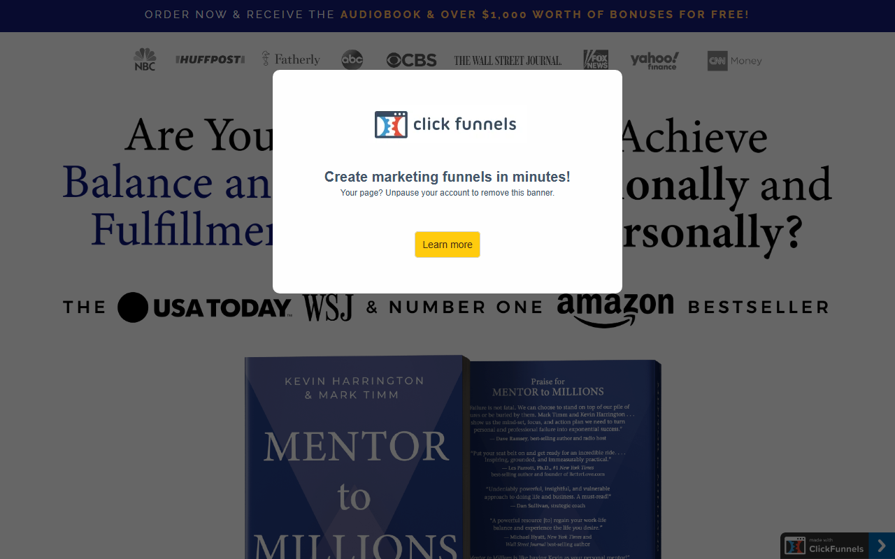 Mentored to Millions sponsor landing page advertised on SharkPreneur