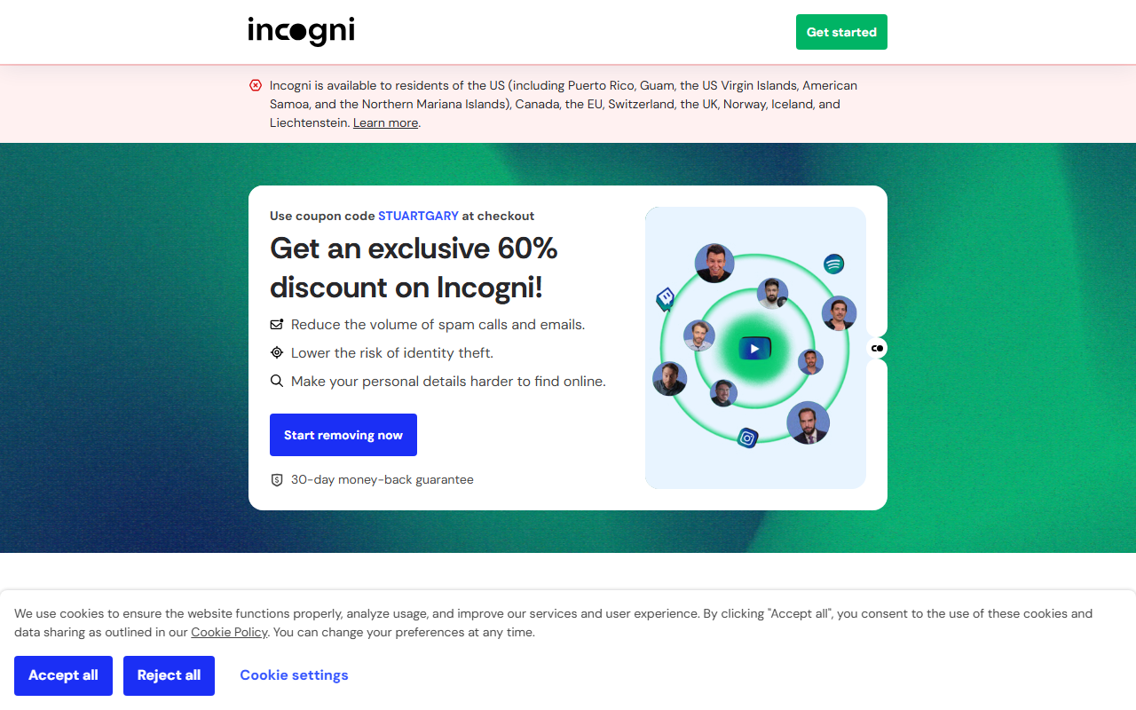 Incogni sponsor landing page advertised on SpaceTime with Stuart Gary