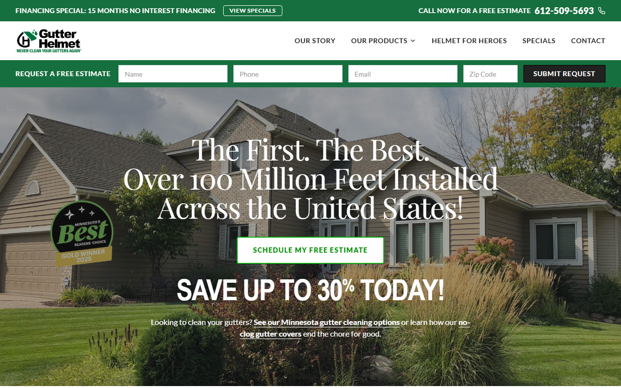 Gutter Helmet sponsor landing page advertised on The Power Trip