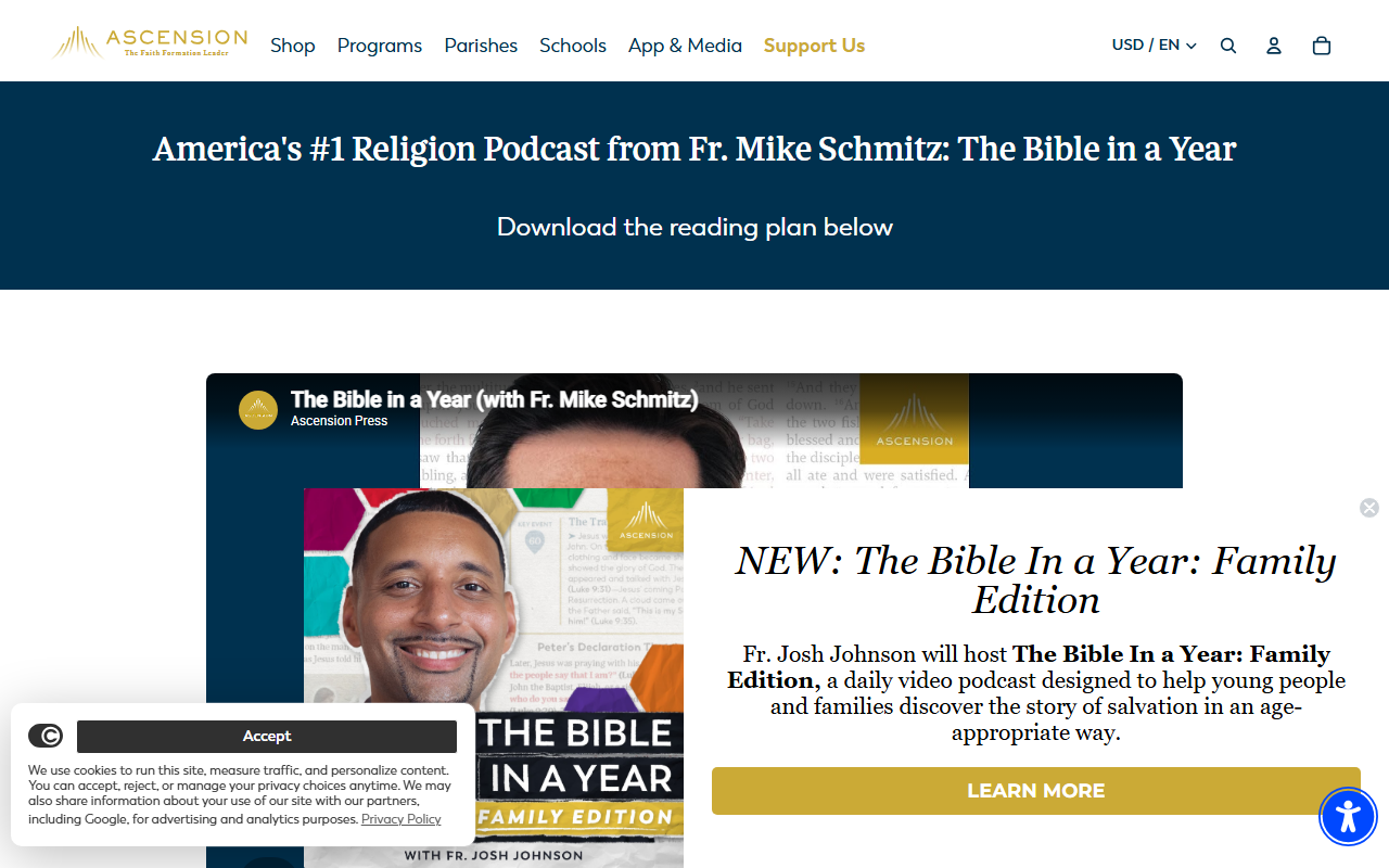 Ascension sponsor landing page advertised on The Bible in a Year (with Fr. Mike Schmitz)