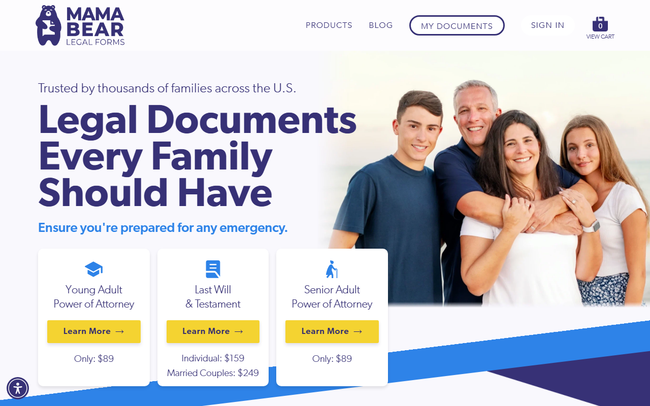 Mama Bear Legal Forms sponsor landing page advertised on The Ramsey Show