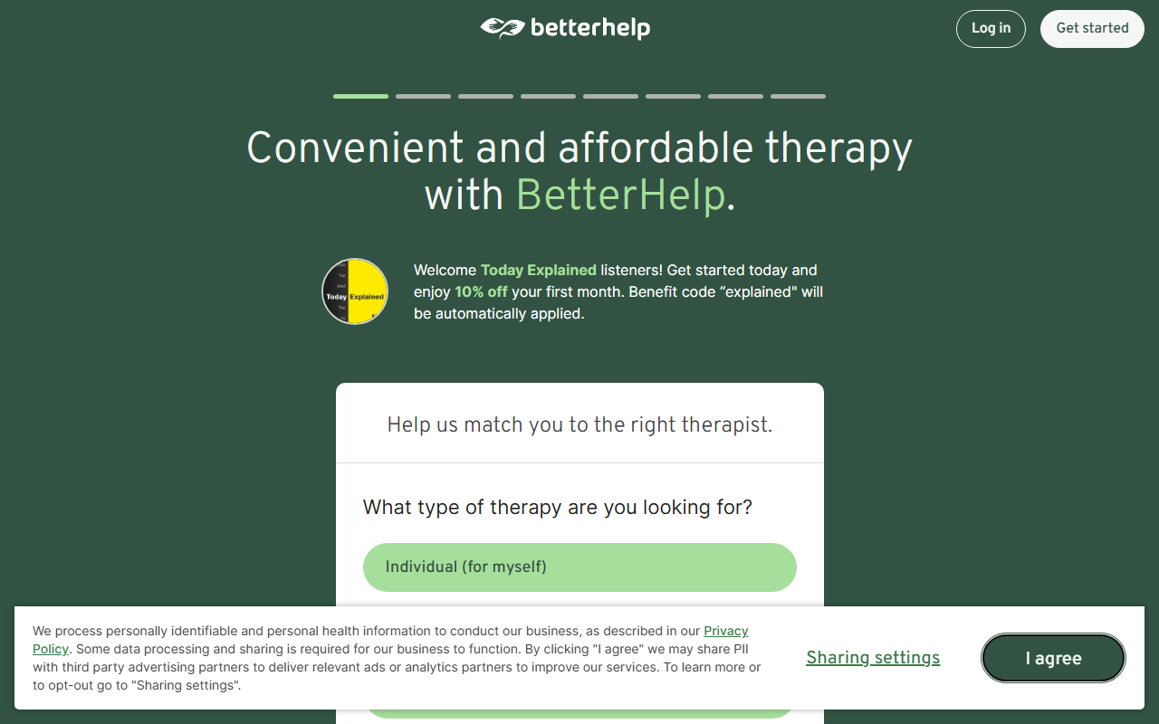 BetterHelp sponsor landing page advertised on Today, Explained
