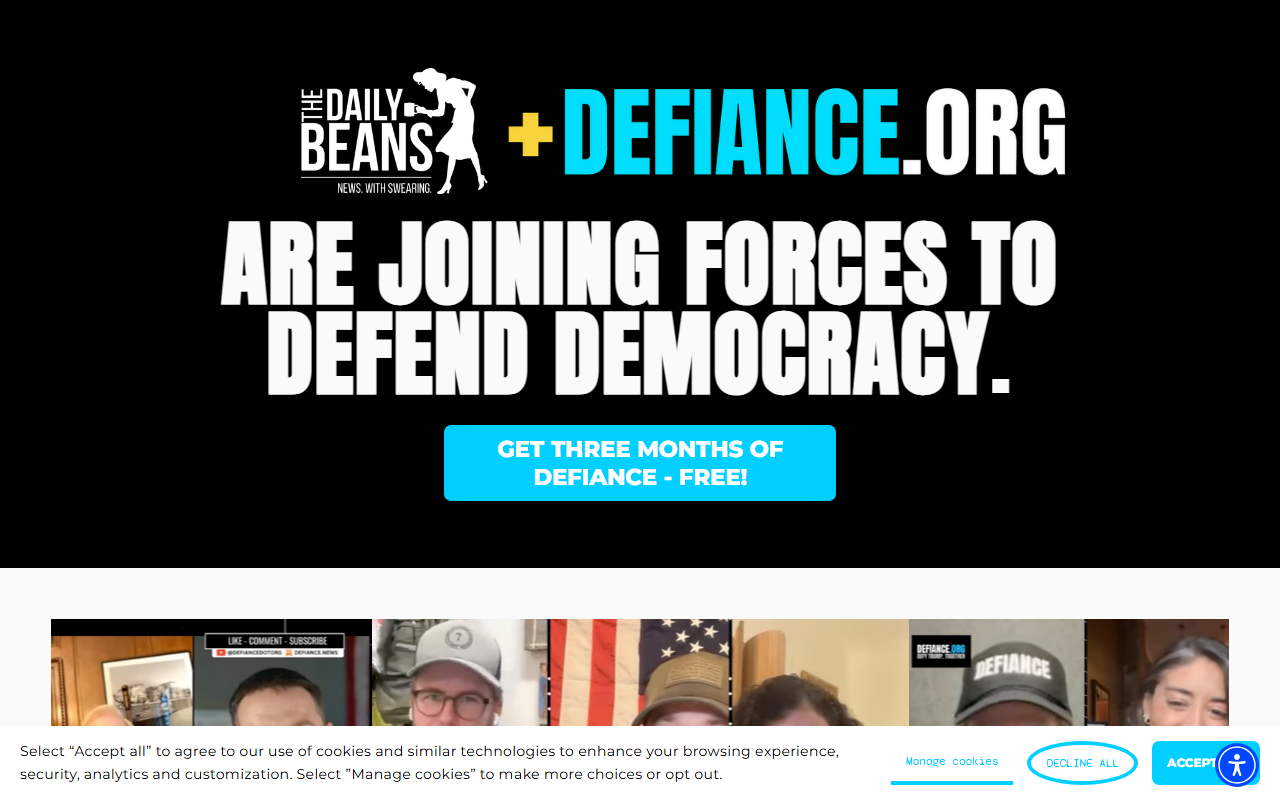 Defiance.org sponsor landing page advertised on The Daily Beans