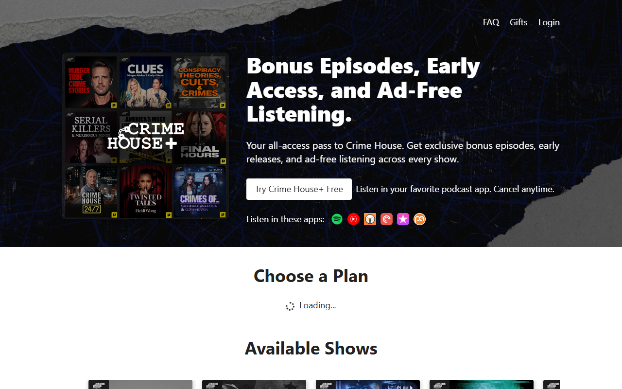 Crime House sponsor landing page advertised on Murder: True Crime Stories