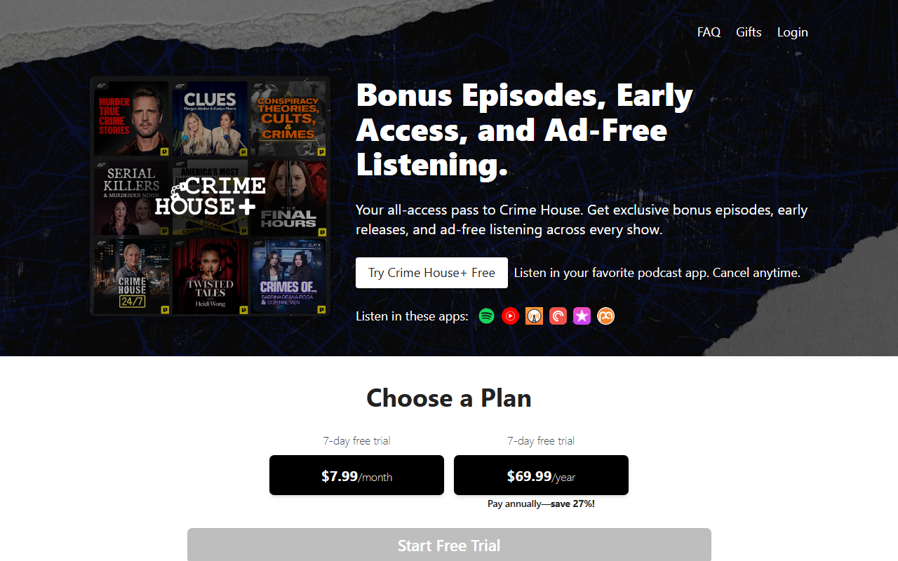 Crime House Plus sponsor landing page advertised on Murder: True Crime Stories
