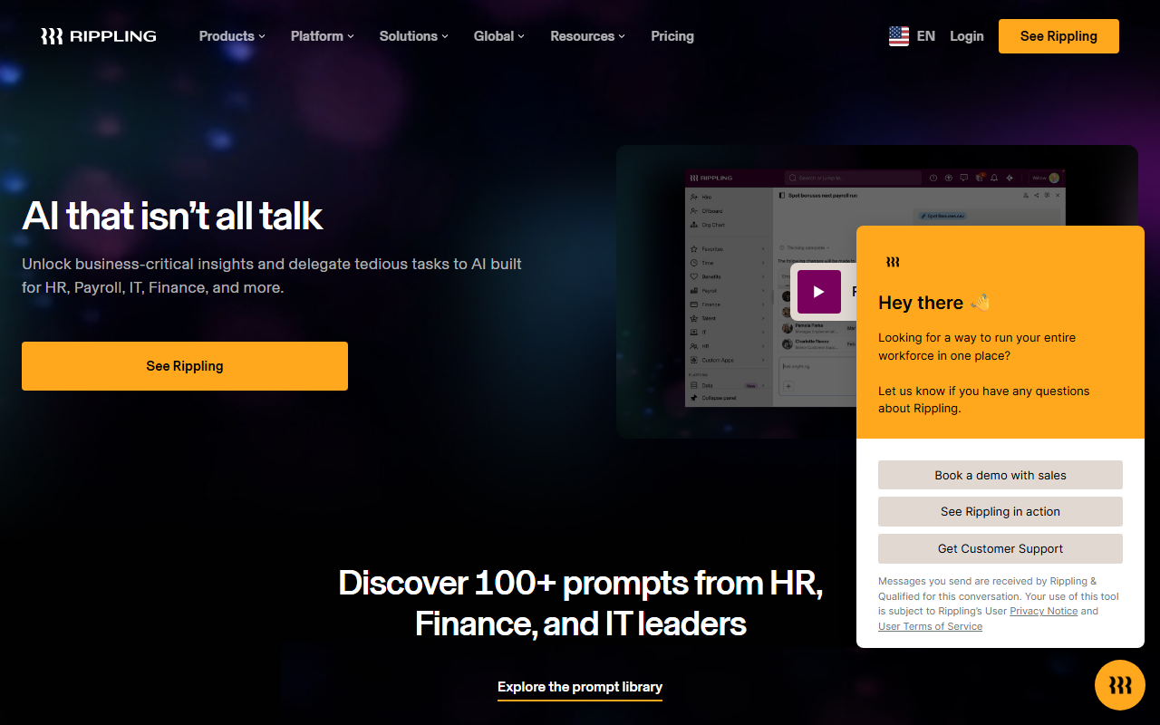 Rippling sponsor landing page advertised on The Vergecast