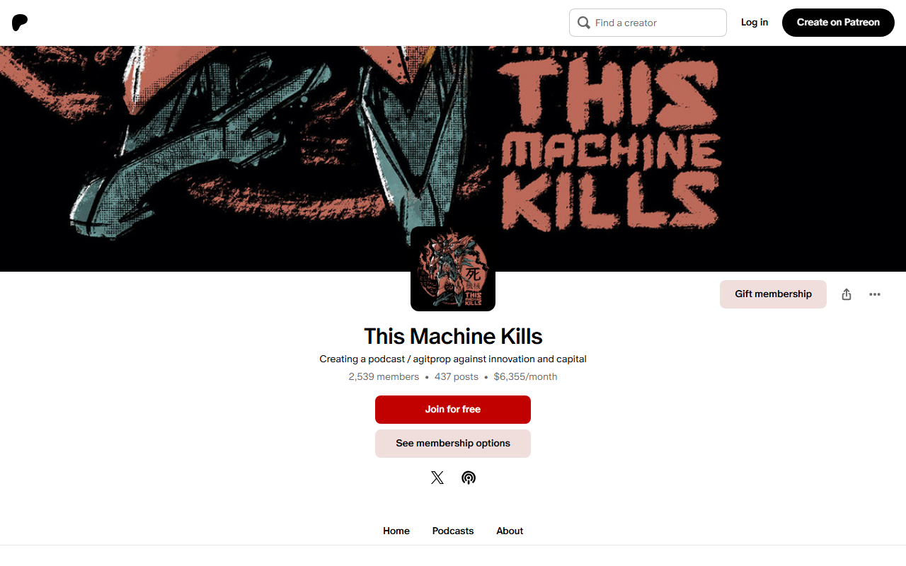 Patreon sponsor landing page advertised on This Machine Kills