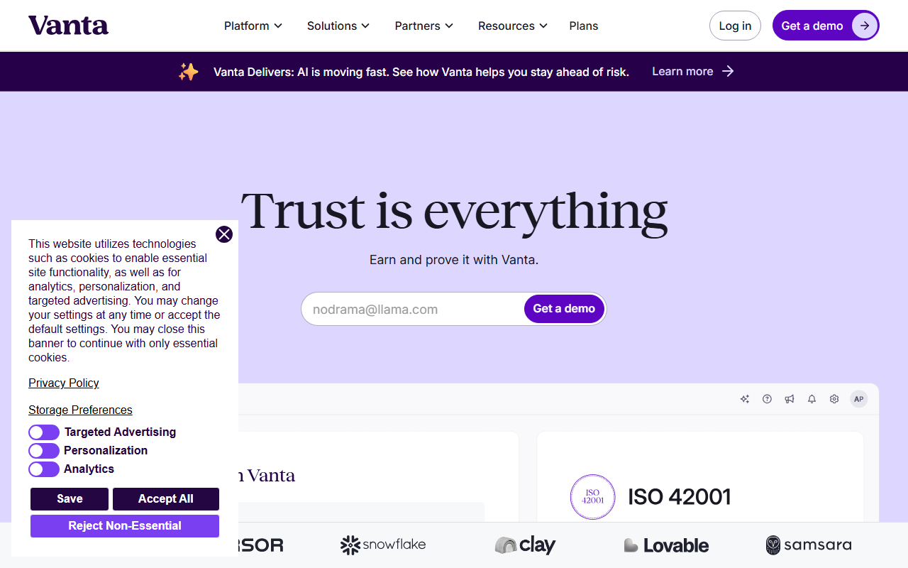 Vanta sponsor landing page advertised on A Beginner's Guide to AI
