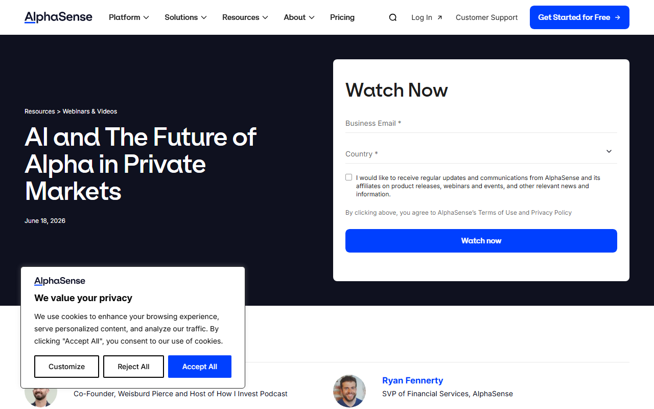 AlphaSense sponsor landing page advertised on The 10X Capital Podcast