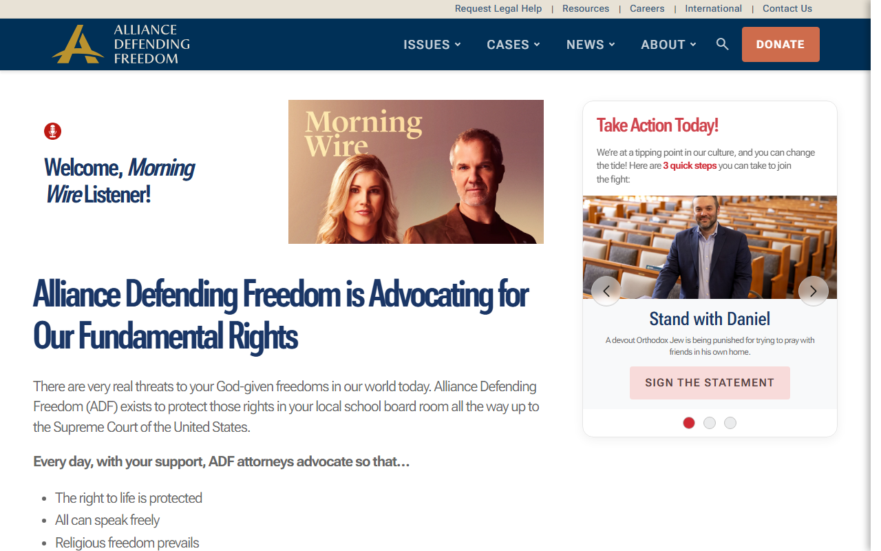 Alliance Defending Freedom sponsor landing page advertised on Morning Wire