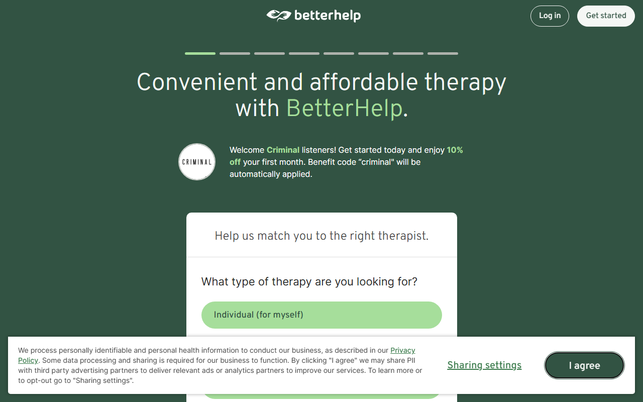 BetterHelp sponsor landing page advertised on Criminal