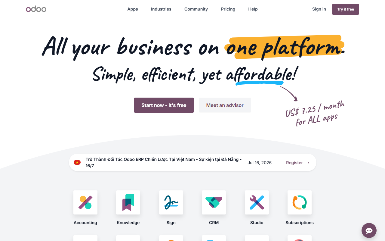 Odoo sponsor landing page advertised on Marketplace