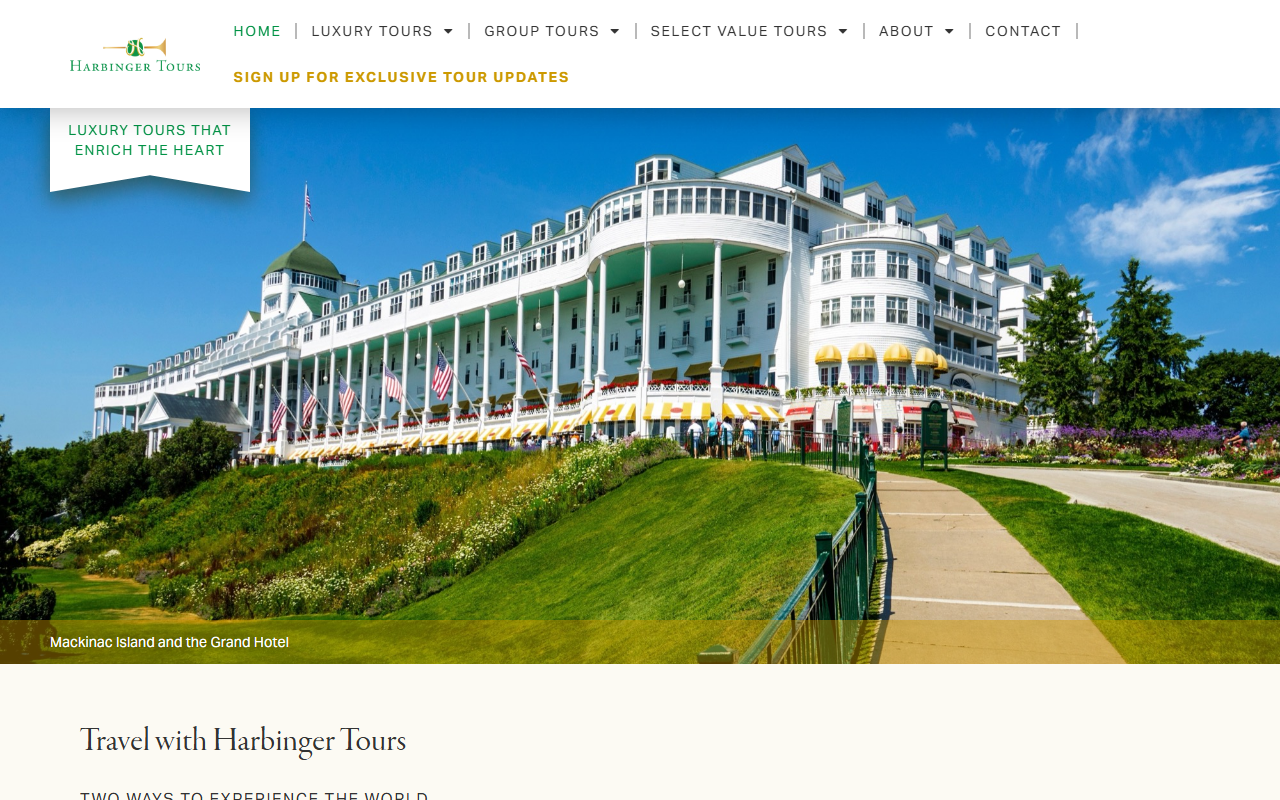 Harbinger Tours sponsor landing page advertised on The World and Everything In It