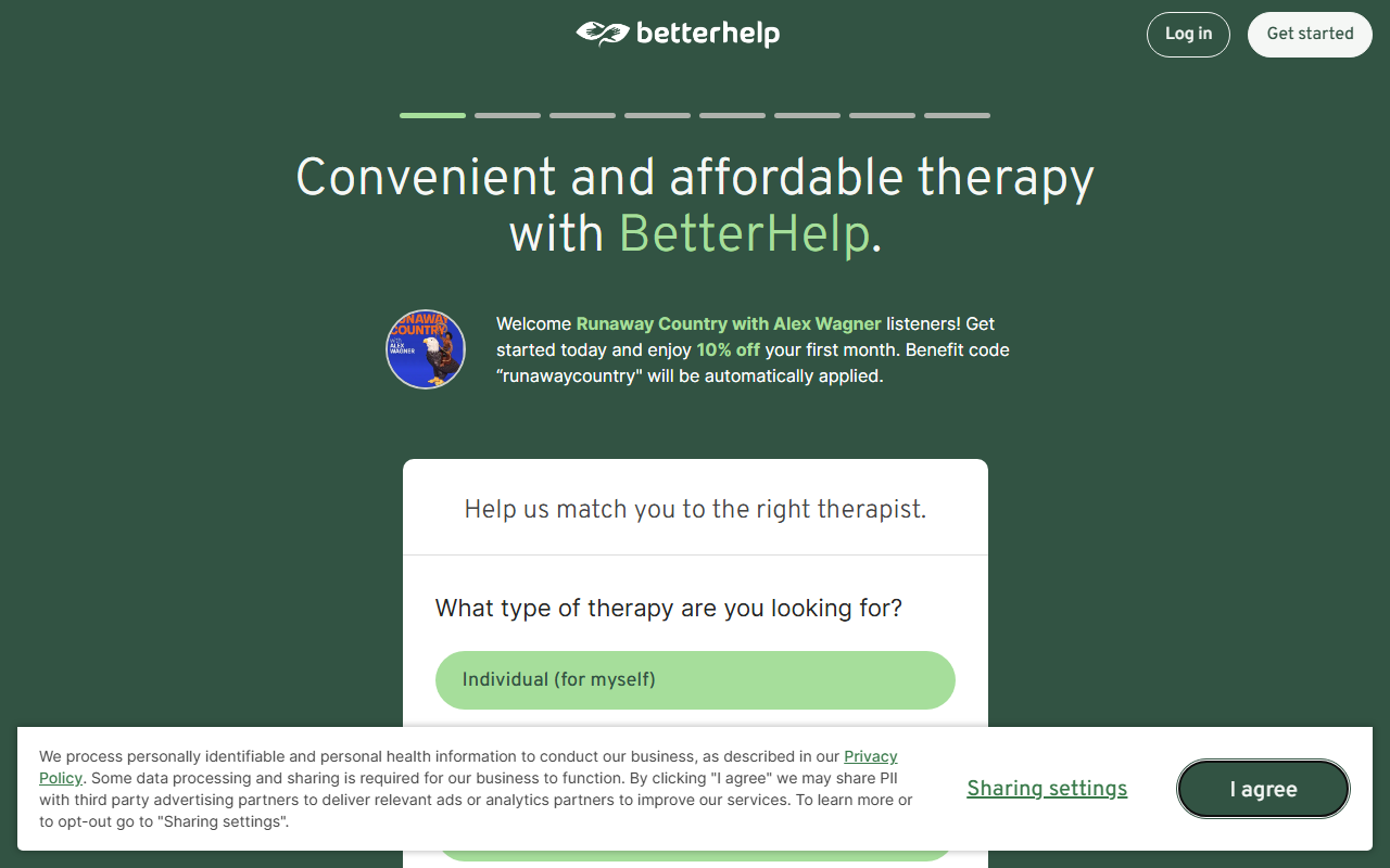 BetterHelp sponsor landing page advertised on The Wilderness